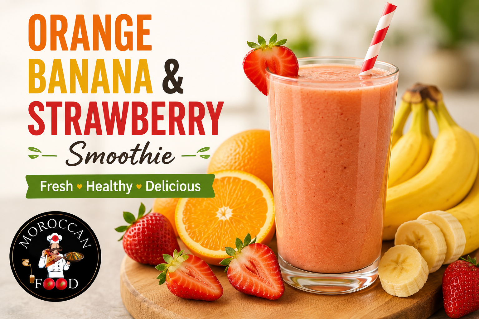 Fresh Orange Banana Strawberry Smoothie made with oranges, bananas, and strawberries, served in a glass with fresh fruit ingredients and Moroccan Food logo.