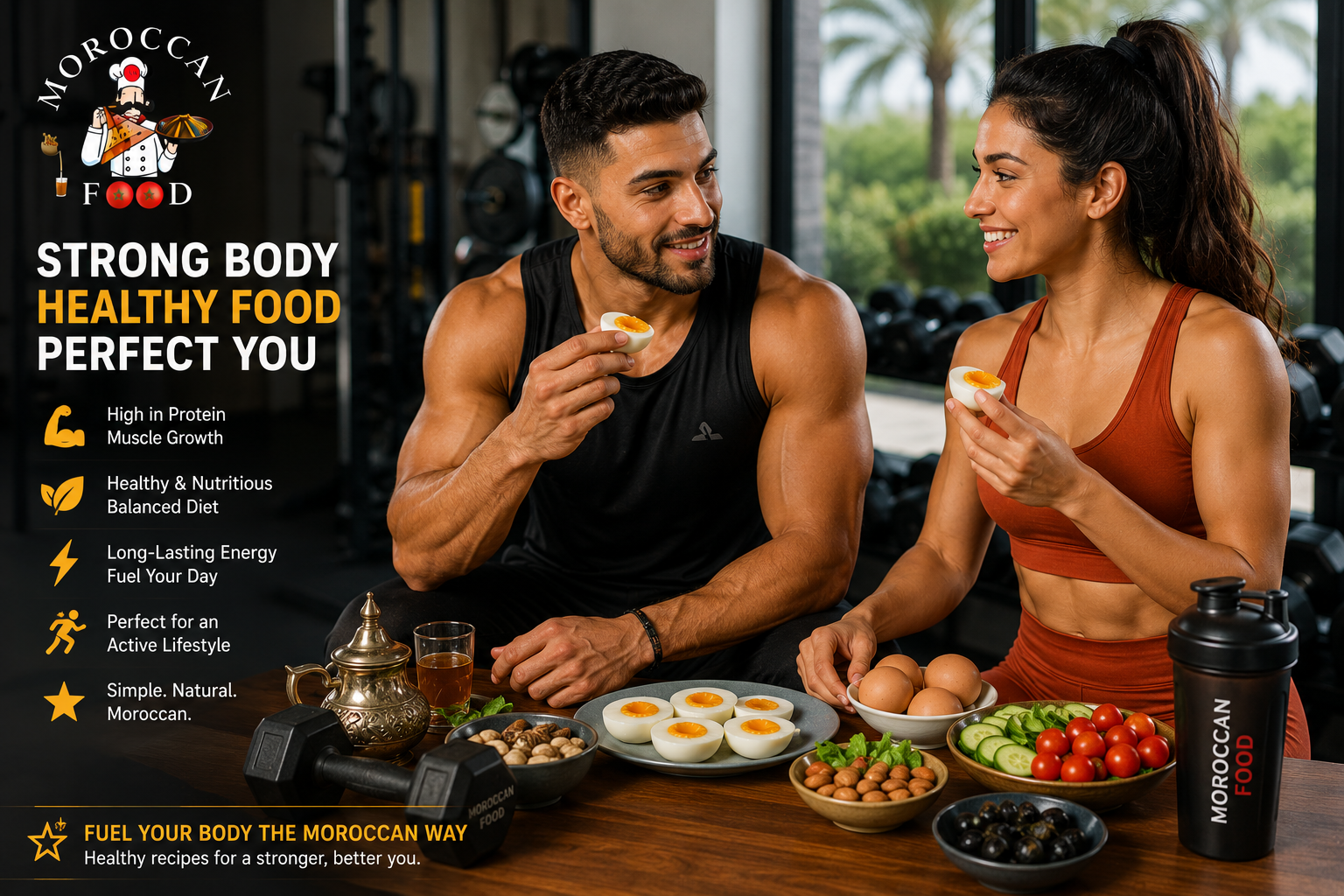 Muscular man and fit woman eating healthy boiled eggs after workout with Moroccan Food branding, high-protein fitness meal