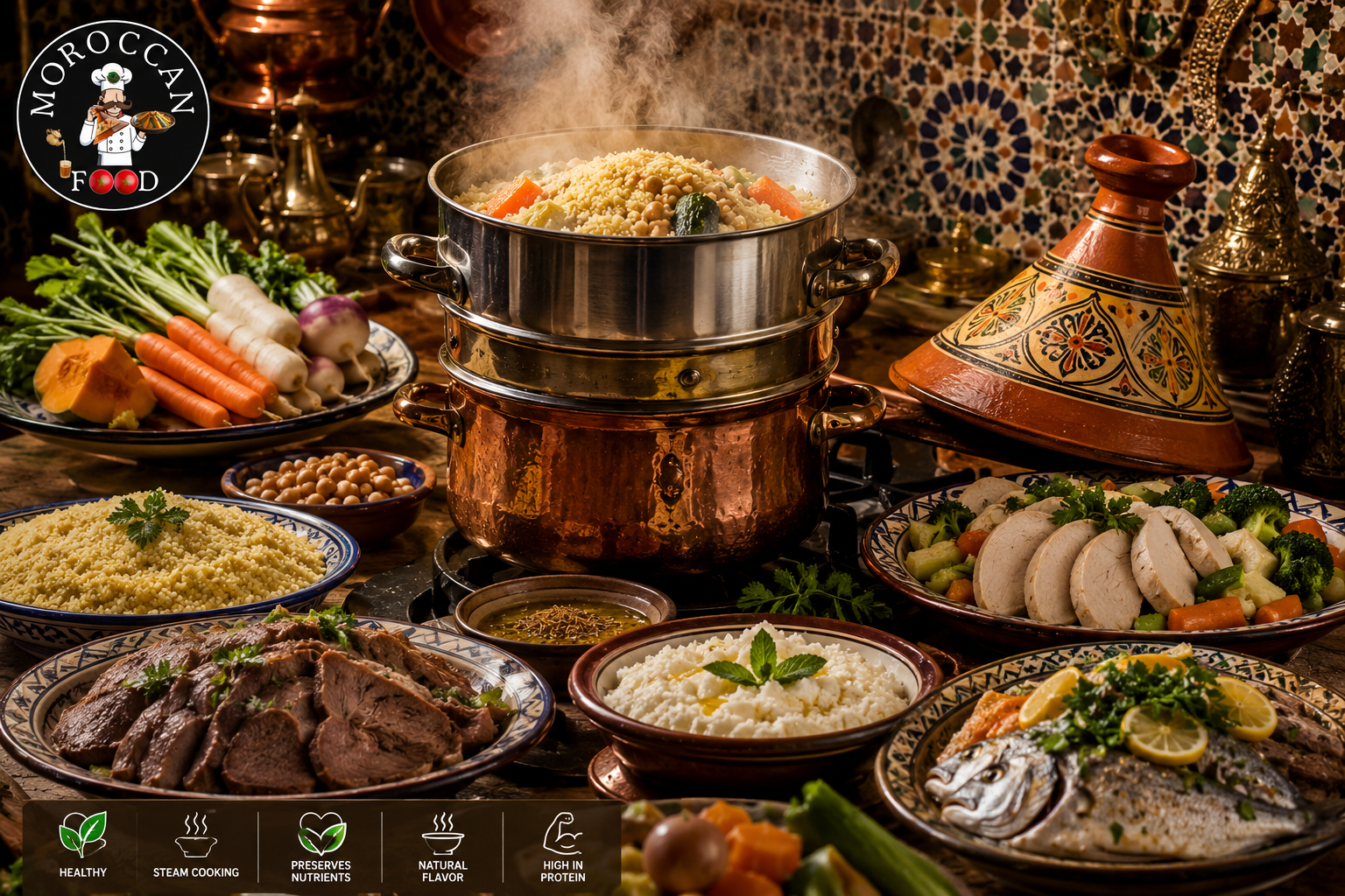 Healthy athletic couple enjoying steamed chicken and vegetables beside a traditional steamer, showcasing the benefits of steam cooking for muscle building, fitness, and a healthy lifestyle.