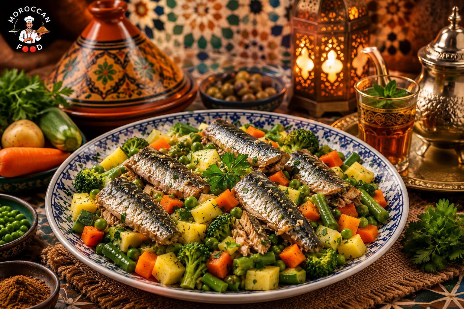Traditional Moroccan steamed sardine and vegetable salad served in a decorative Moroccan dish with broccoli, potatoes, carrots, peas, green beans, and zucchini.