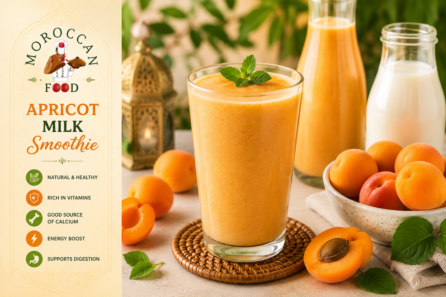 Creamy Apricot Milk Smoothie served in a glass with fresh apricots and milk on a traditional Moroccan table