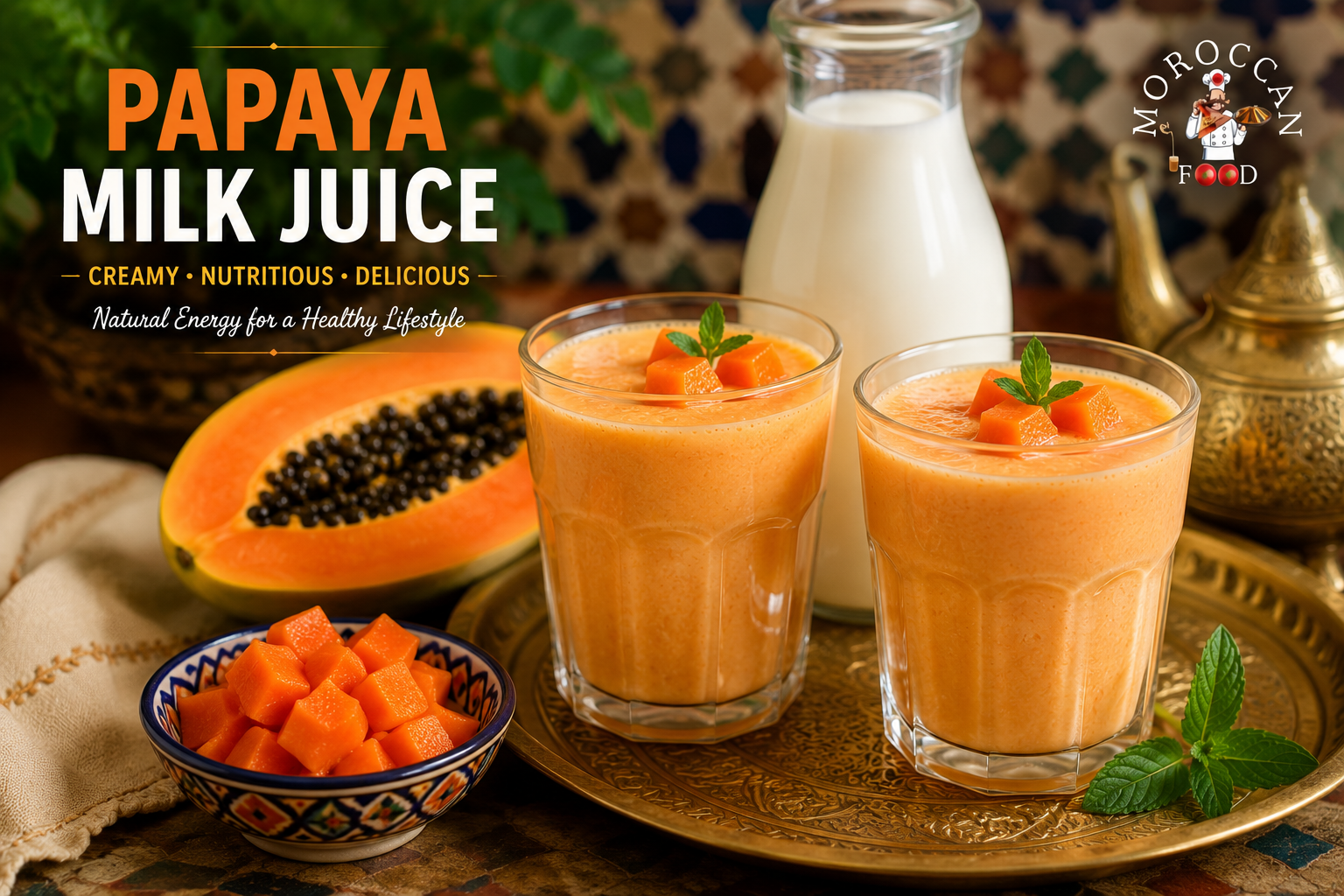 Two glasses of creamy papaya milk smoothie served on a traditional Moroccan brass tray with fresh papaya, milk, and mint in a Moroccan kitchen.