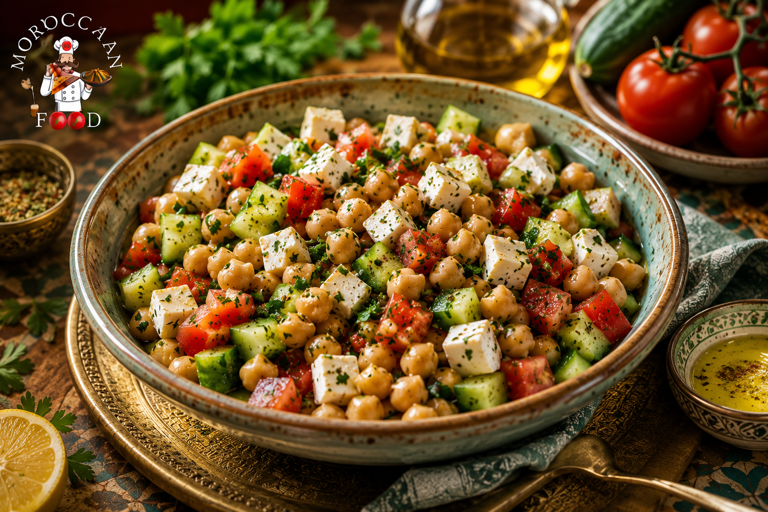 Cucumber and tomato salad with cheese and boiled chickpeas | A healthy, protein-rich, and easy-to-prepare salad recipe