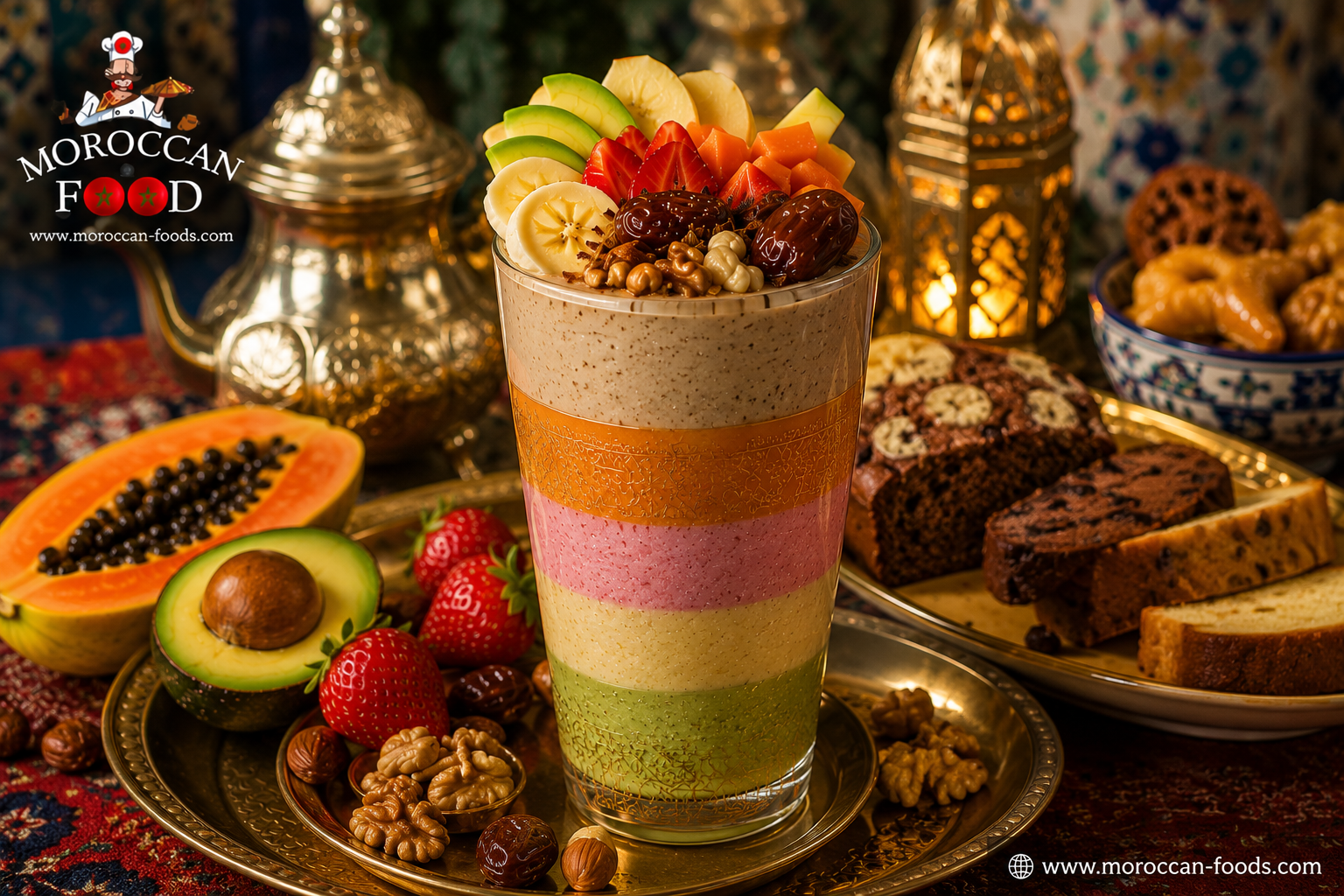Traditional Moroccan Zaazaa Juice served in a classic Moroccan smoothie glass with colorful layers of avocado, apple, strawberry, papaya, and creamy milk, topped with fresh fruits, dates, mixed nuts, and chocolate shavings.
