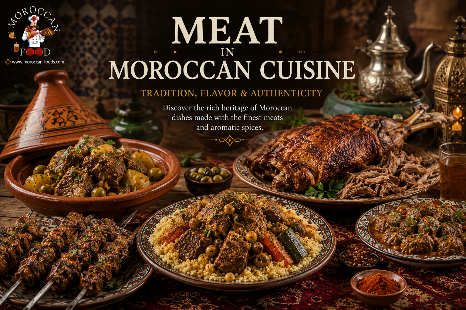 Various traditional Moroccan meat dishes including tagine, couscous with vegetables, grilled meat skewers, and slow-cooked lamb with olives and spices on a decorated table