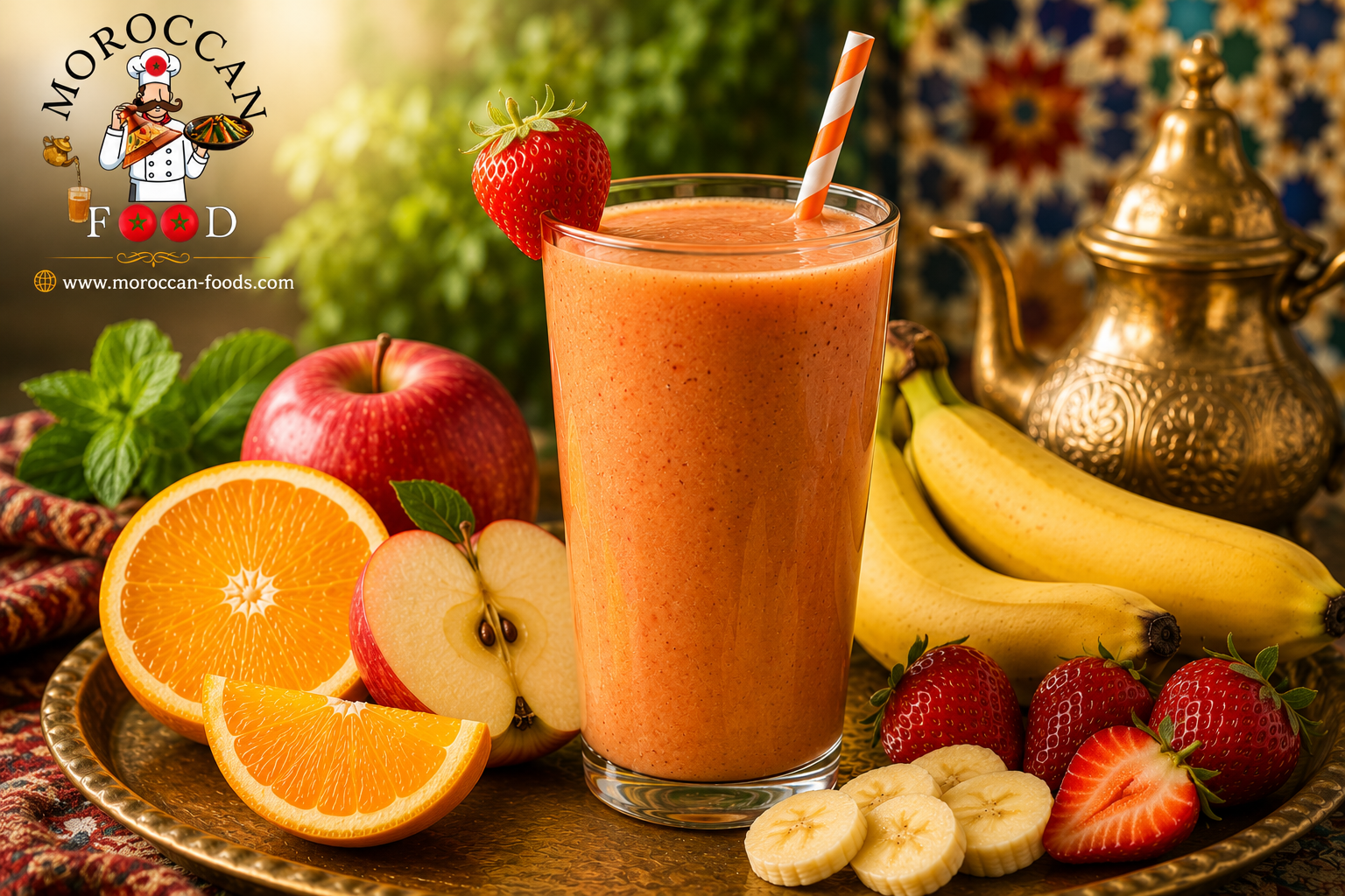Orange juice recipe with banana, strawberries and apple