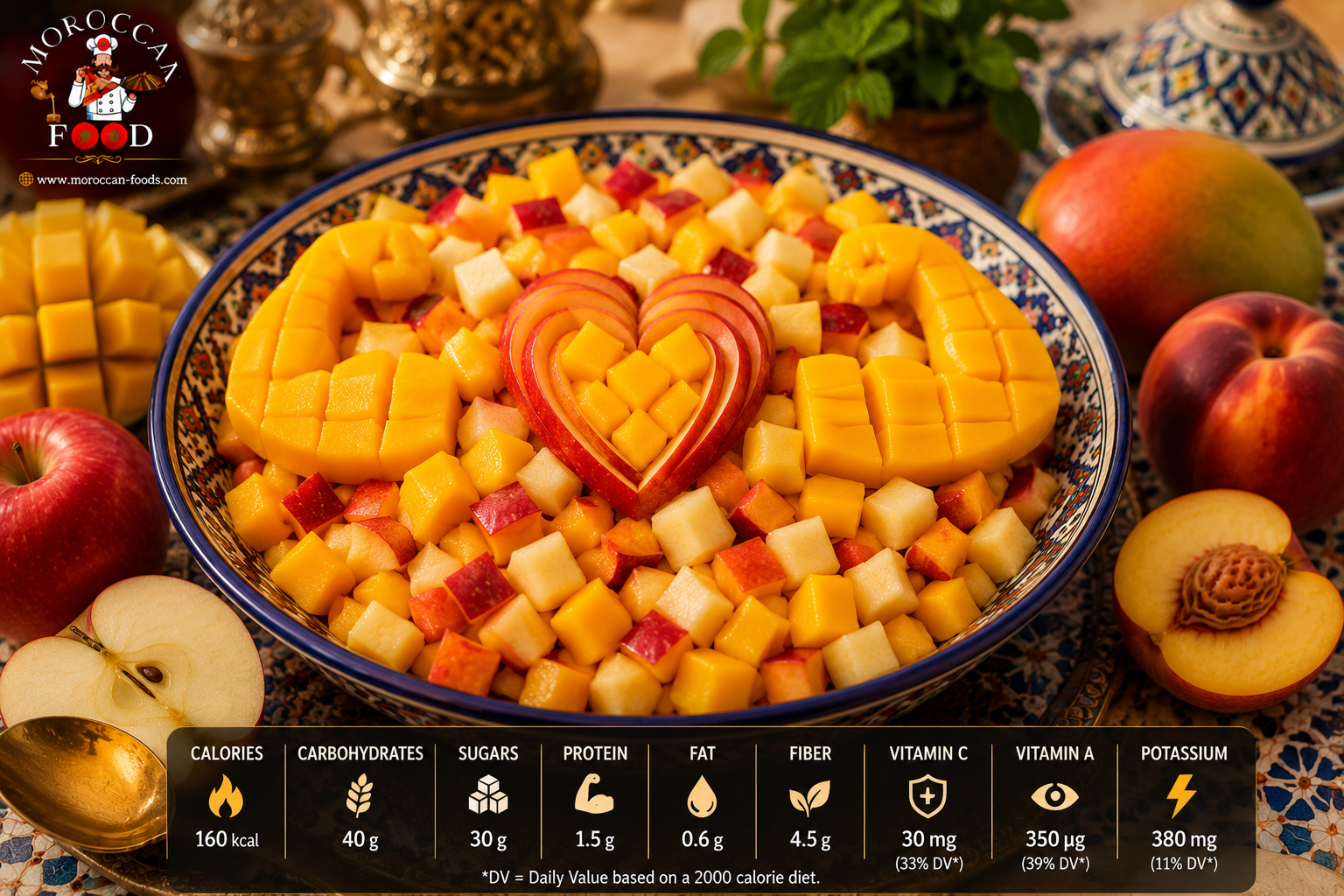 A bowl of diced mixed fruit including mango and apple, with an apple slice heart shape and two mango arms on top, surrounded by whole and halved fruits and nutritional information for calories, carbohydrates, sugars, protein, fat, fiber, vitamin C, vitamin A, and potassium