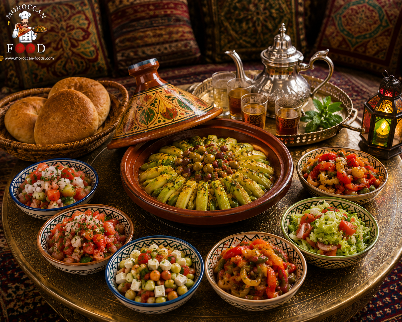 Traditional Moroccan meal with tagine, various salads, round bread, mint tea on brass tray, and a decorative lantern