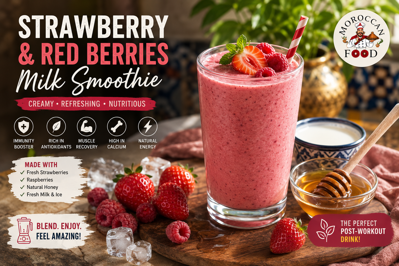 Strawberry and red berries milk smoothie with natural honey