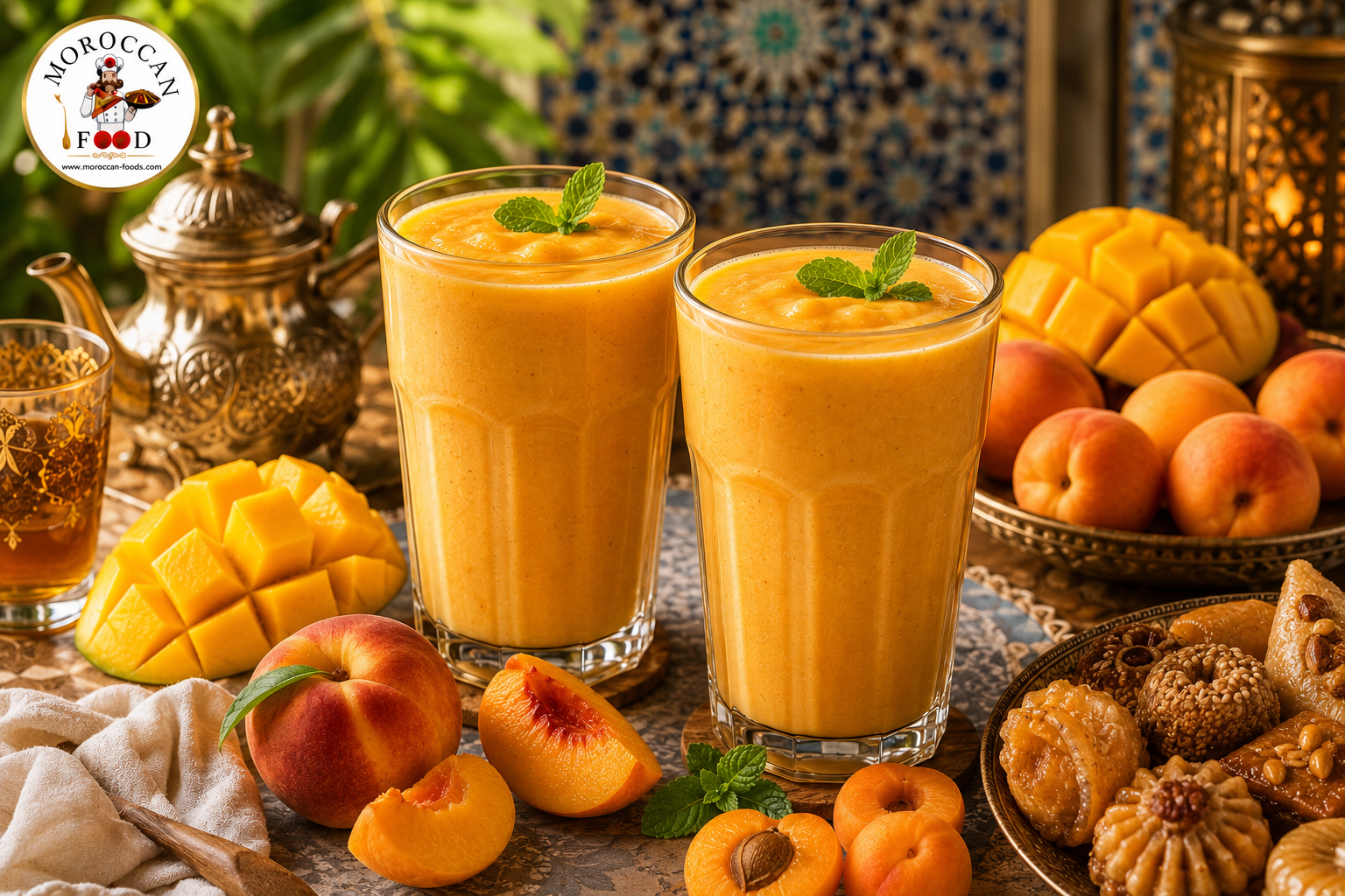 Two refreshing peach mango and apricot smoothies recipe garnished with mint, surrounded by fresh fruit