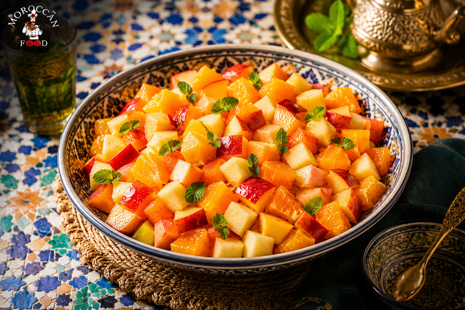 Bowl of dicedOrange, Peach, Apple & Nectarine Salad on patterned tablecloth
