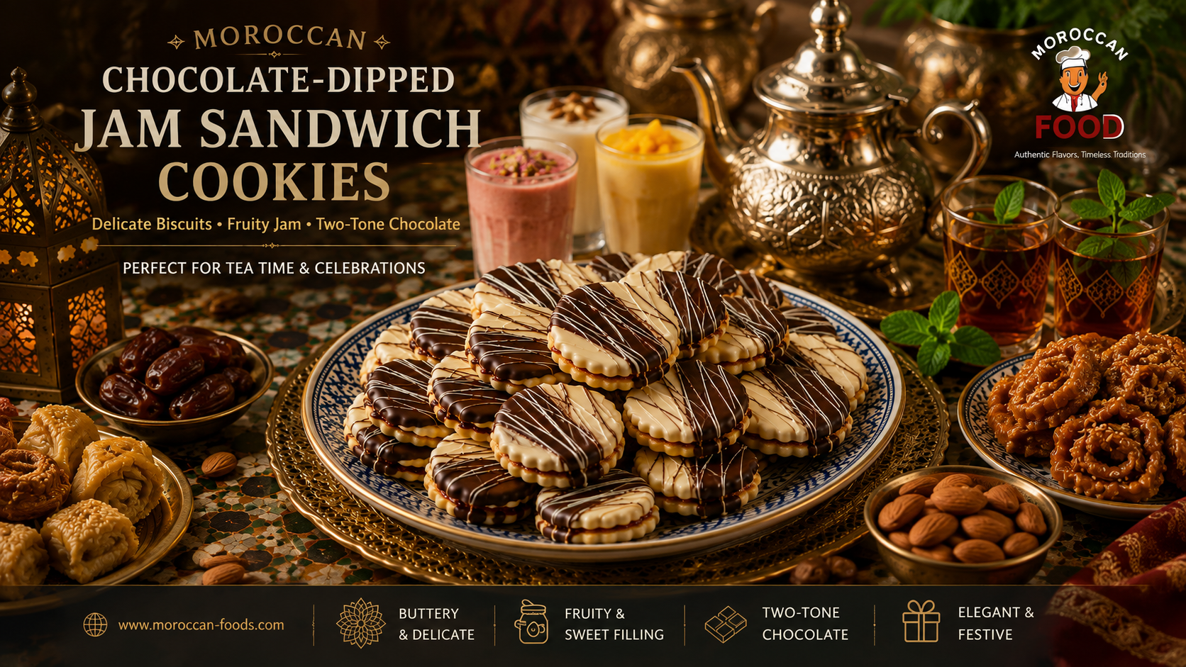 Moroccan Chocolate-Dipped Jam Sandwich Cookies