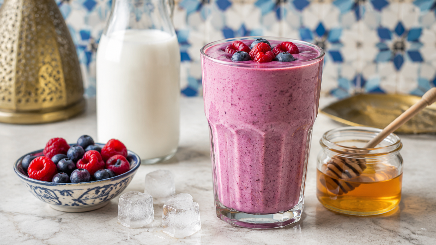 Creamy Blueberry and Raspberry Milk Smoothie with Natural Honey