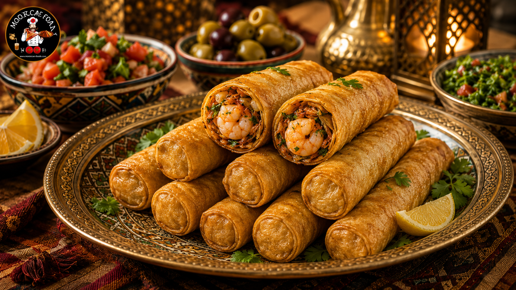 Moroccan Shrimp Cigars with Caramelized Onions and Warqa Pastry