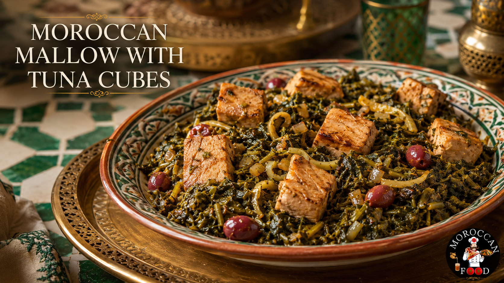 Moroccan Mallow with Tuna Cubes, Preserved Lemon and Red Olives