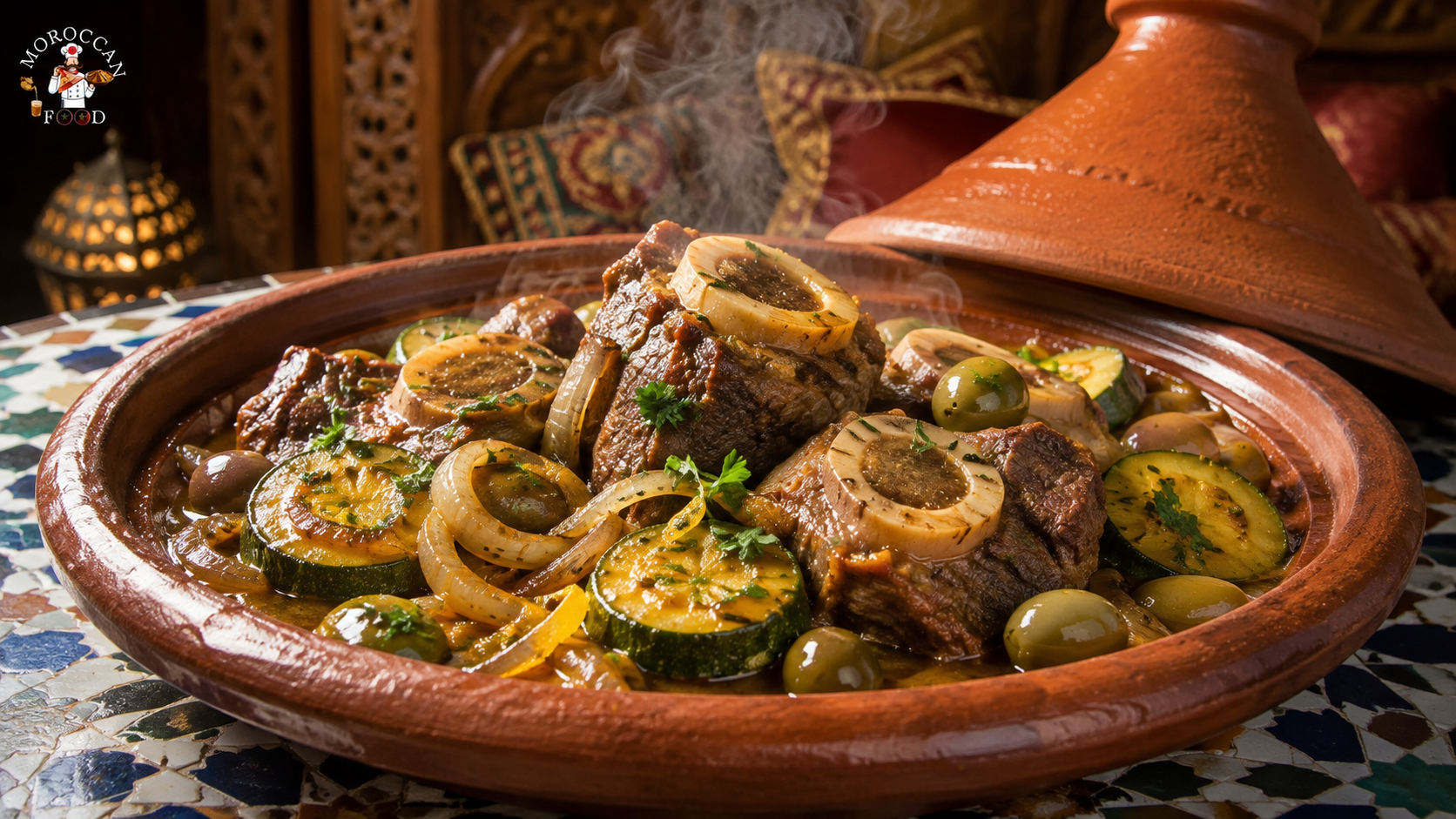 Moroccan Beef Shank Tagine with Onions and Zucchini