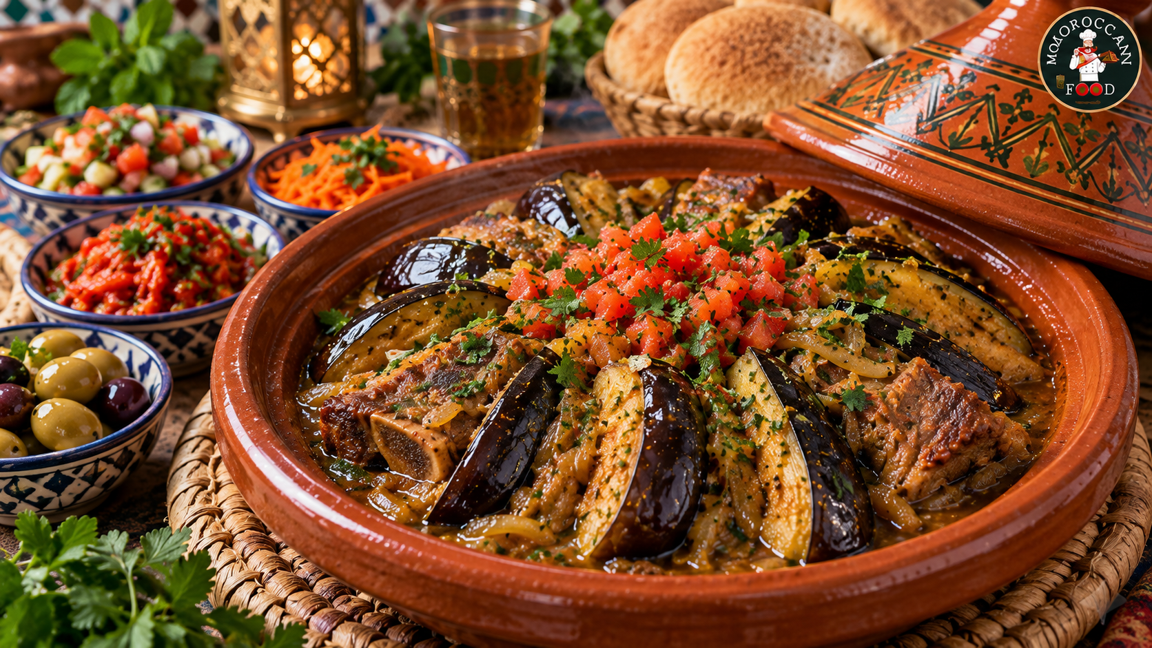 Moroccan Beef Rib Tagine with Eggplant, Onions and Tomato