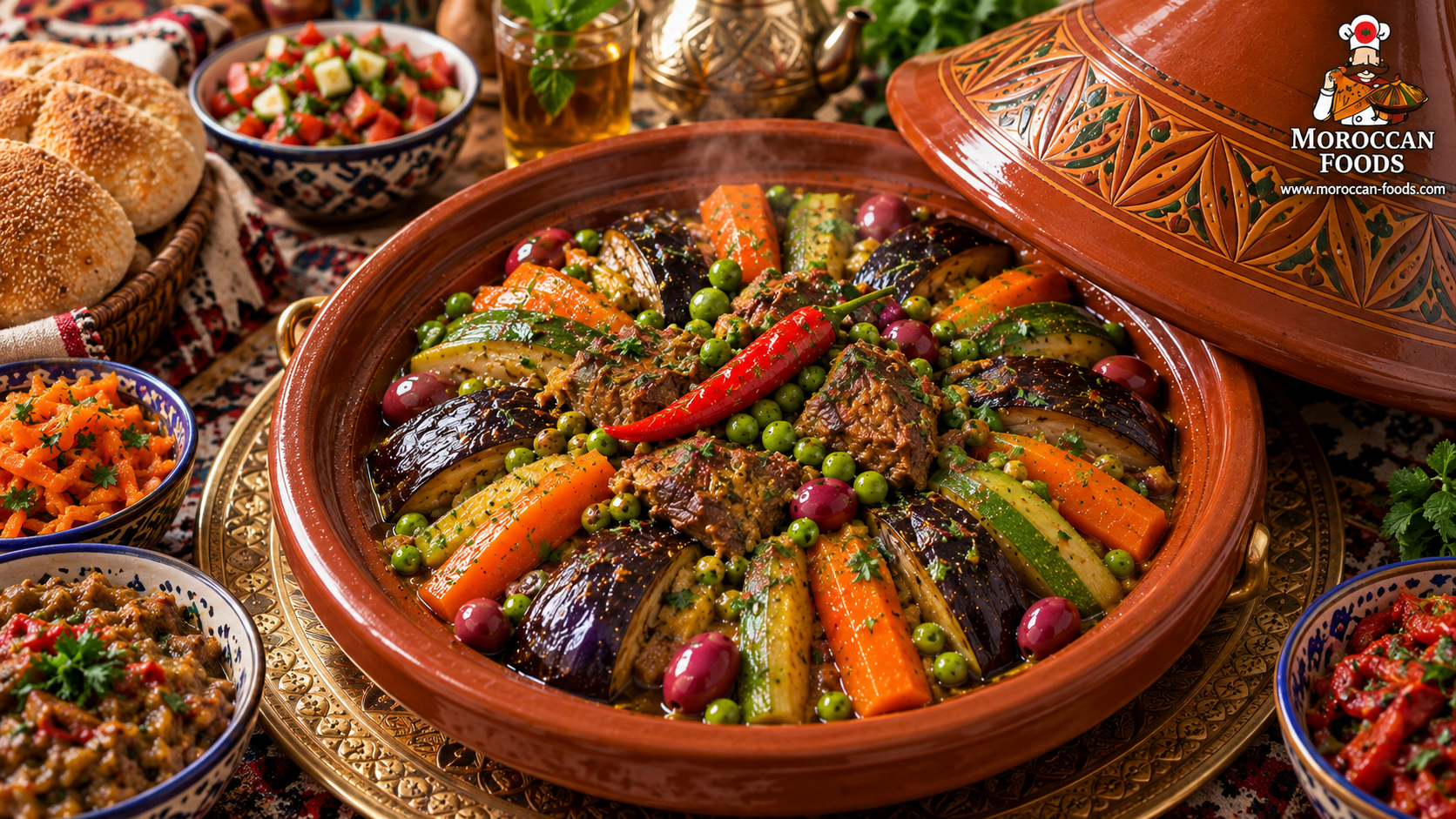 Moroccan T-Bone Steak Tagine with Carrots, Eggplant, Zucchini, Green Peas and Red Olives
