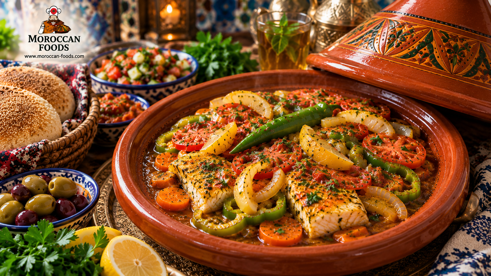Moroccan Corb Fish Tagine with Carrot Rounds, Tomatoes and Preserved Lemon