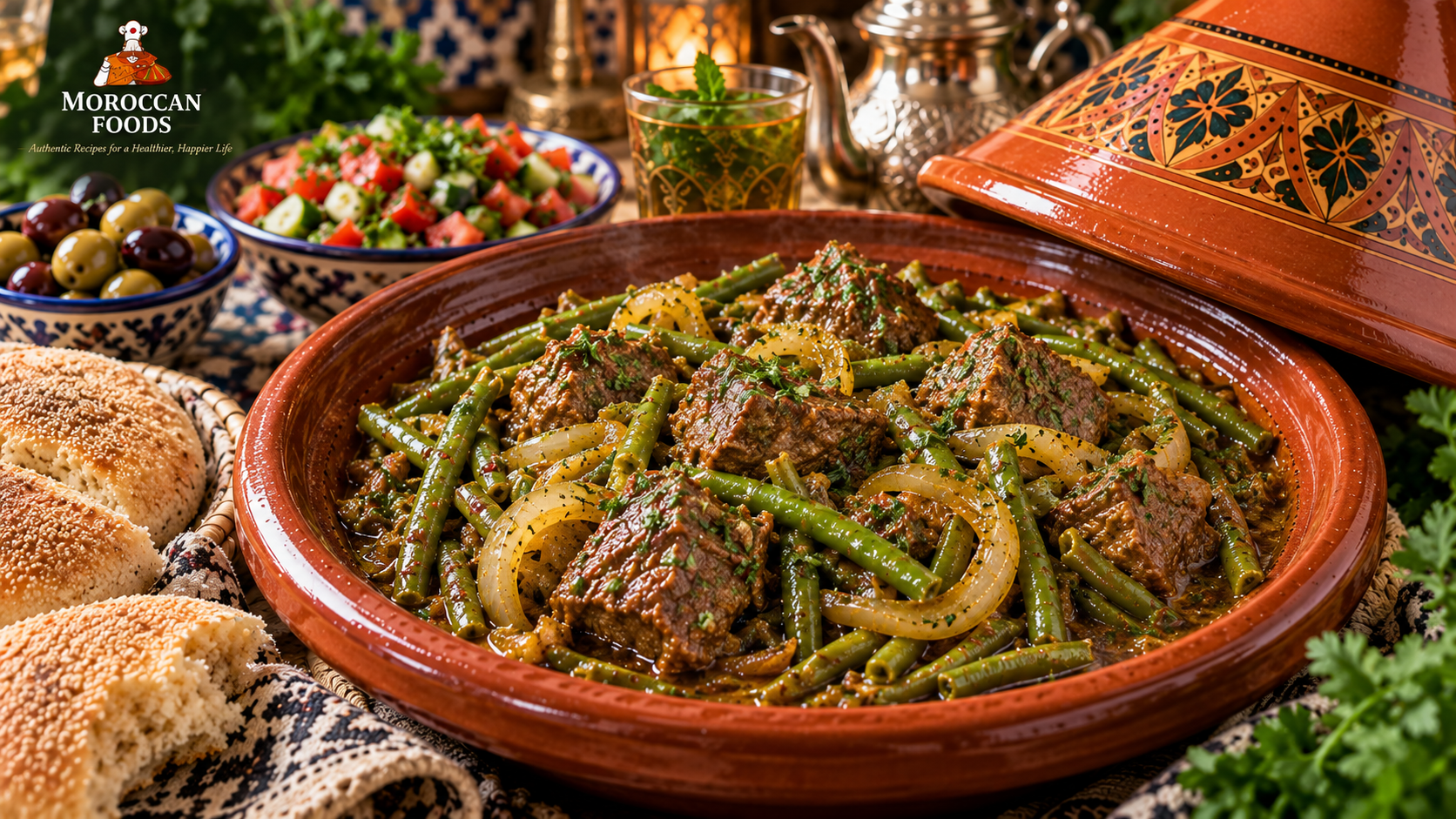 Moroccan Fofili Beef Tagine with Onions and Green Beans