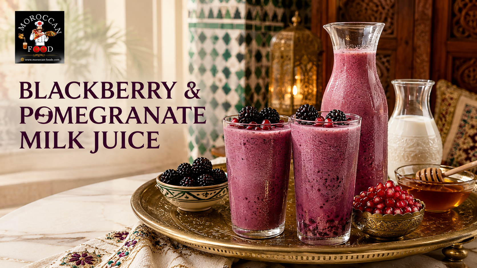 Creamy blackberry and pomegranate milk juice served in glasses and a carafe with fresh fruit on an elegant Moroccan brass tray.