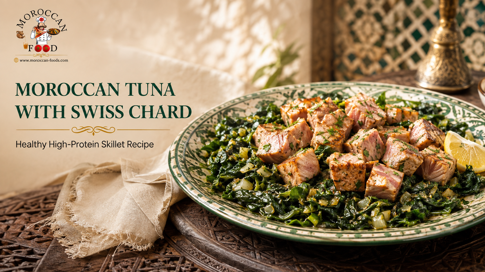 Moroccan Tuna Cubes with Sautéed Swiss Chard